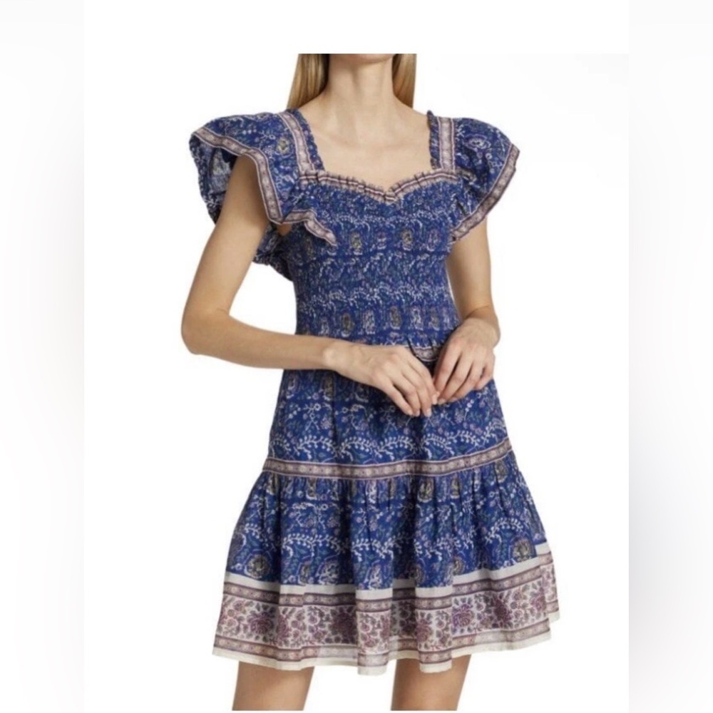 Sea New York Rosita Border Smocked Mini Dress Small Boho Puff Sleeve